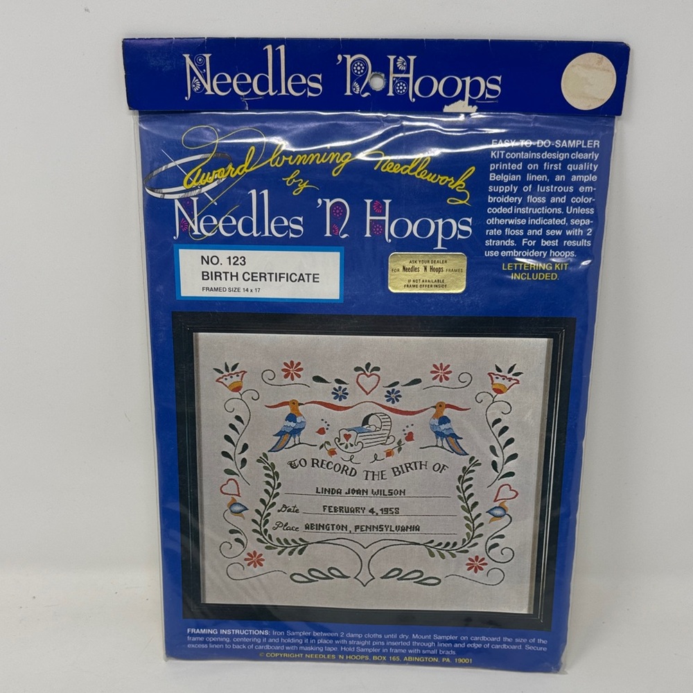 Needles N Hoops Birth Certificate Cross Stitch Kit No. 123 Embroidery